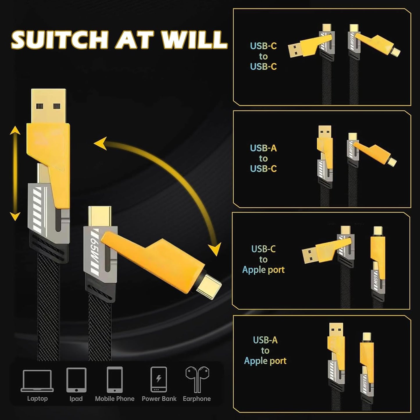 4-in-1 Metal Fast Charging Cable | 65W Super Fast Charger | Type-C, Lightning & Micro USB | Universal Compatibility
