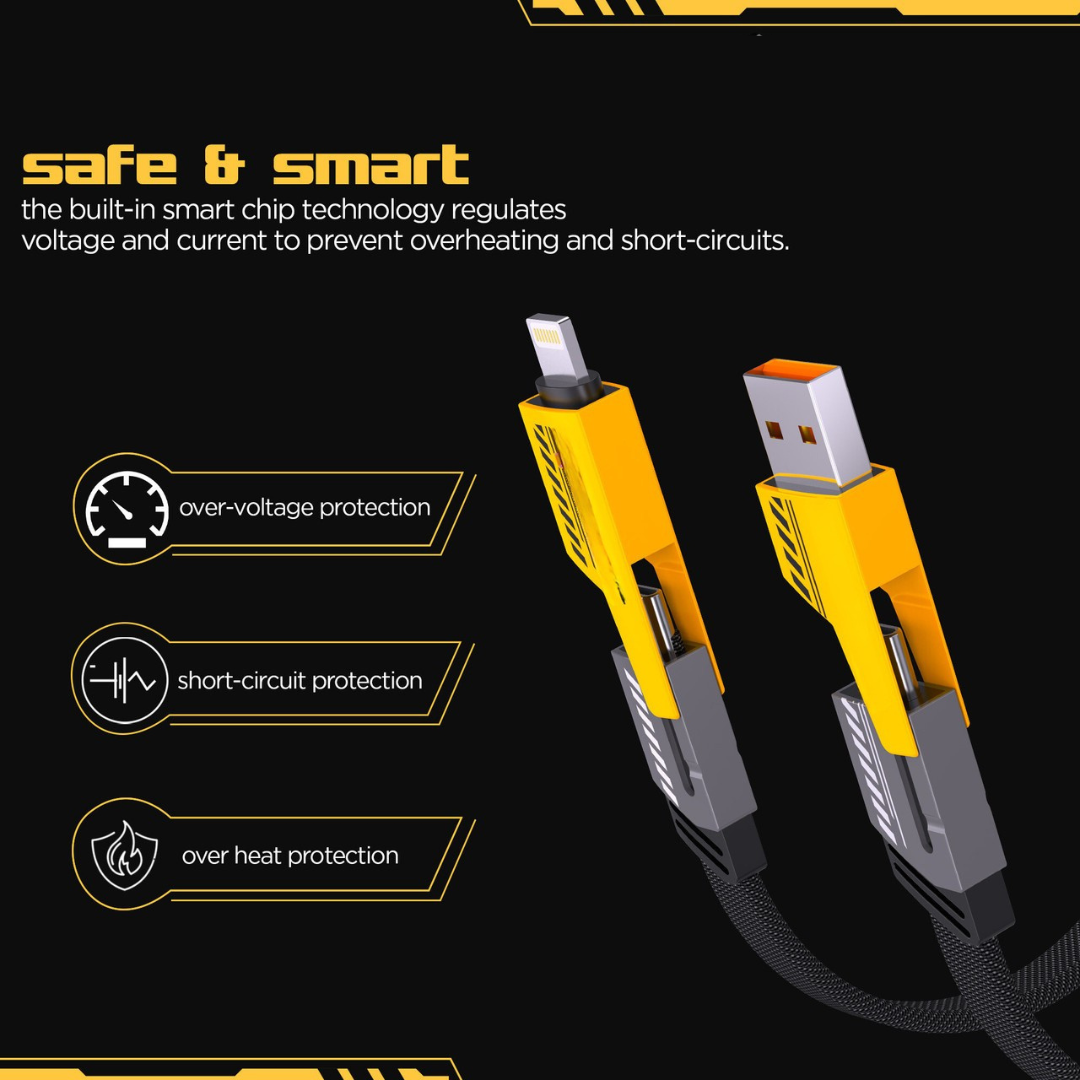 4-in-1 Metal Fast Charging Cable | 65W Super Fast Charger | Type-C, Lightning & Micro USB | Universal Compatibility