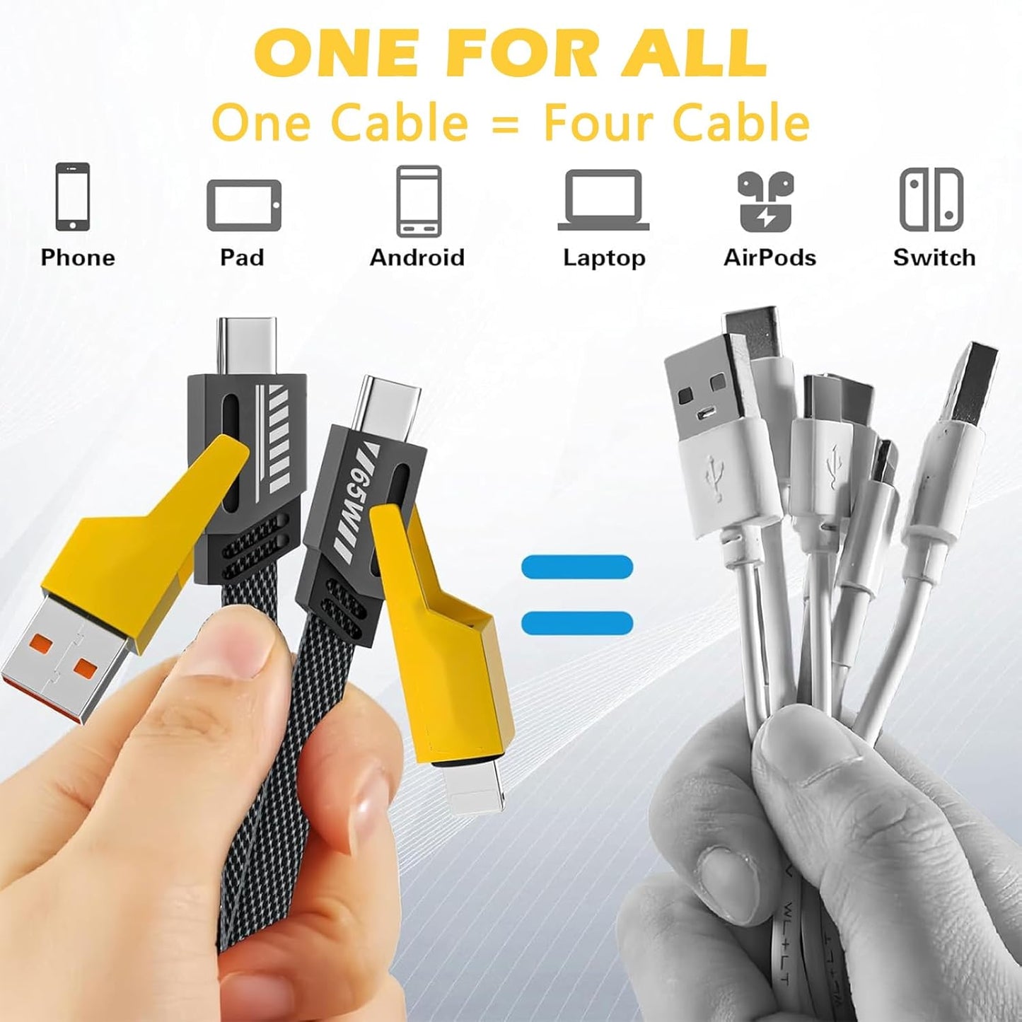 4-in-1 Metal Fast Charging Cable | 65W Super Fast Charger | Type-C, Lightning & Micro USB | Universal Compatibility