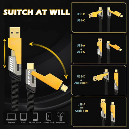 4-in-1 Metal Fast Charging Cable | 65W Super Fast Charger | Type-C, Lightning & Micro USB | Universal Compatibility